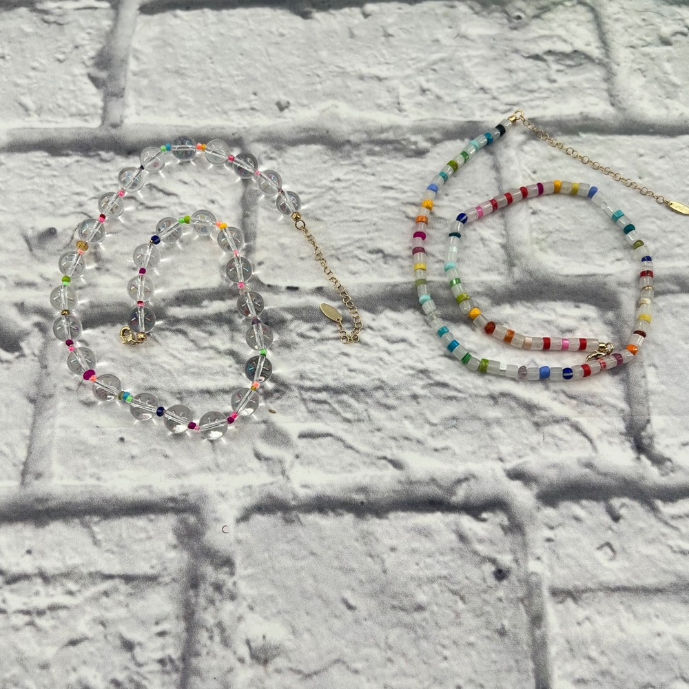 Serafina Set of 2 Beaded Necklaces Rainbow Clear Gold Tone Adjustable Boho